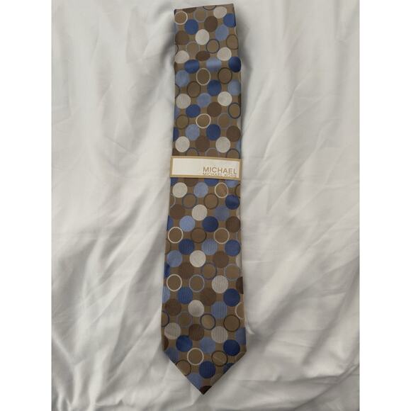 Michael Kors Men's 100% Silk Tie Brown Blue Polka Dot Pattern Designer Necktie - Picture 1 of 2